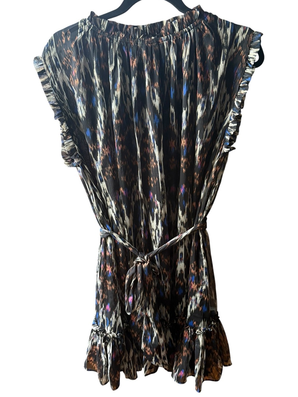 Olivaceous Ikat Tunic Mini Dress Boho Metallic Tie Waist Belted Medium NWT